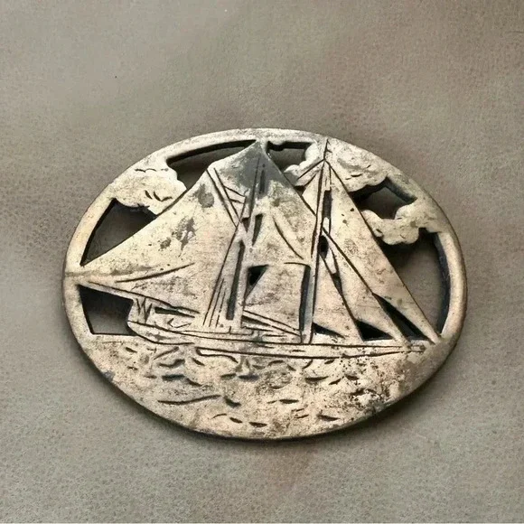 Vintage Copper Finish Cast Iron Sail Boat Trivet / ODI 1990 Taiwan Ocean Clouds - Picture 1 of 6